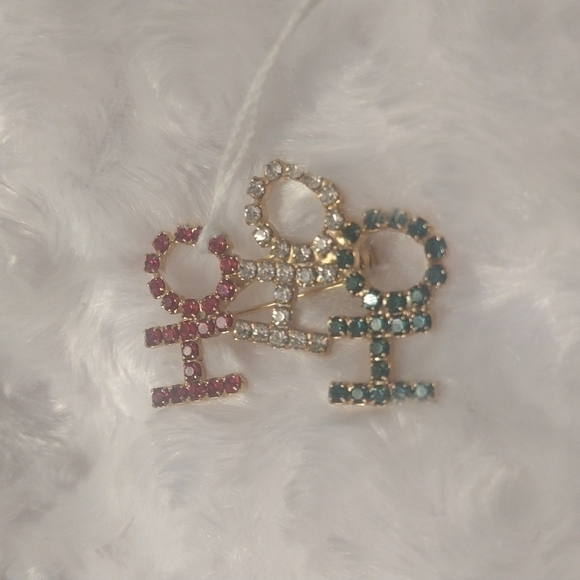 VINTAGE Christmas hohoho brooch red clear and green stones 1/2" - Picture 2 of 4